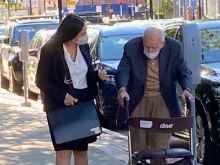 Former cardinal Theodore McCarrick outside the Dedham District Court in Massachusetts on Sept. 3, 2021.